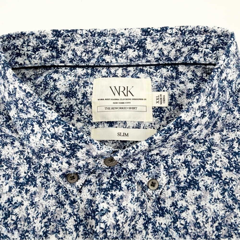 NEW WRK Reworked Shirt Men's XXL Slim Fit Short Sleeve Blue Floral Button Down - Picture 4 of 9